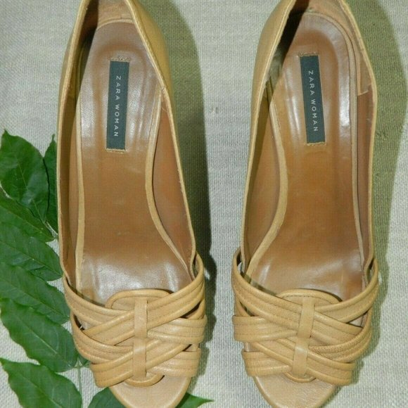 ZARA Heels Beige Tortoiseshell Peep Toe Platform Sexy Shoes Size 10 - Picture 3 of 10